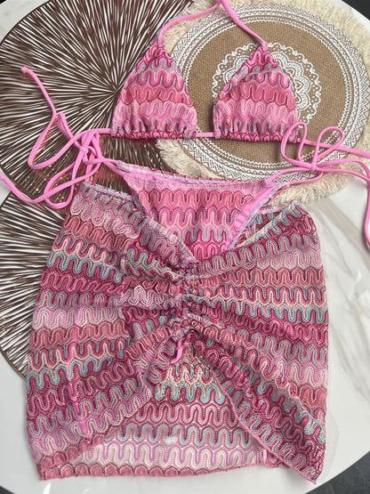 Women Swimsuit Colored Maple Leaves Knitted Bikini Skirt Three-Piece Set Split Swimsuit Bikini