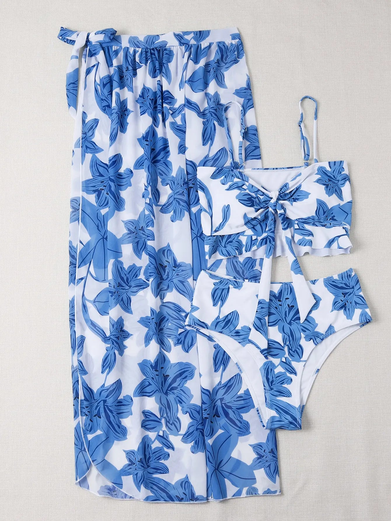 3 Pieces High Waist Swimsuit With Beach Skirt Floral Print Knot Front Bikinis 2025 Women Ruffle Swimwear Female Bathing Suit