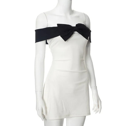 Bow Splice Mini Dress For Women Slim High Waist Sexy Off Shoulders Dresses Femme Party Retro Wedding Elegant Dress Woman