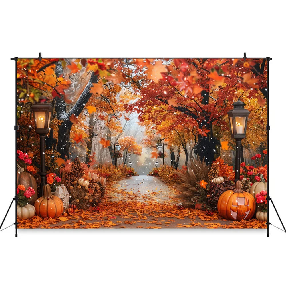 Autumn Photography Background Pumpkin Maple Leaves Street Light Backdrop Decor Family Kid Thanksgiving Day Birthday Photo Studio
