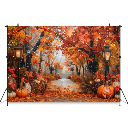 Autumn Photography Background Pumpkin Maple Leaves Street Light Backdrop Decor Family Kid Thanksgiving Day Birthday Photo Studio