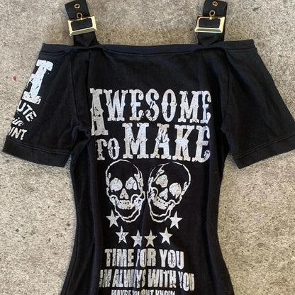 Streetwear Slash Neck Dress Harajuku Letter Skull Print Y2k Aesthetic Sexy Dresses Women Black Gothic Punk Off Shoulder Vestidos