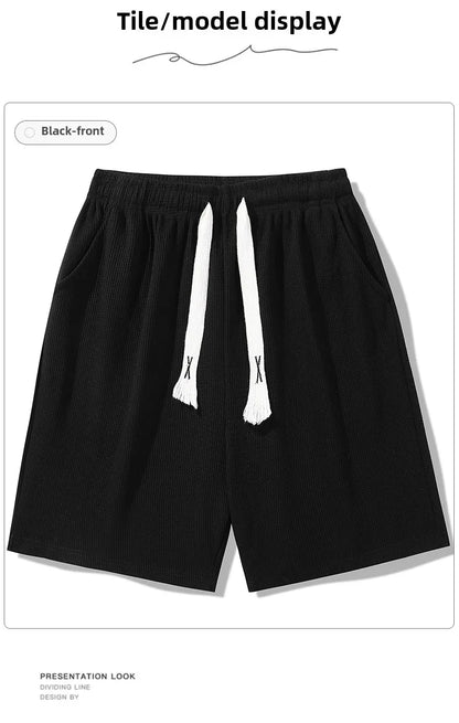 Sports shorts for men in summer  thin ice silk quick drying five quarter pants  fashionable waffle style drawstring shorts