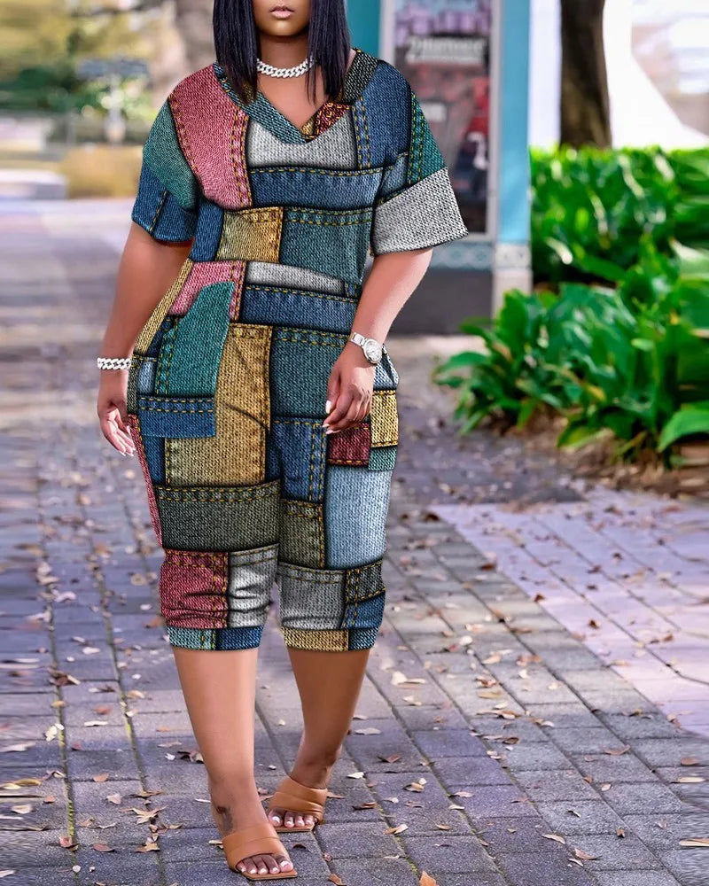 2024 AliExpress Europe and America Plus Size Summer Loose V-Neck Stitched Patch Pocket Printed Jumpsuit