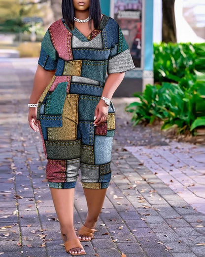 2024 AliExpress Europe and America Plus Size Summer Loose V-Neck Stitched Patch Pocket Printed Jumpsuit