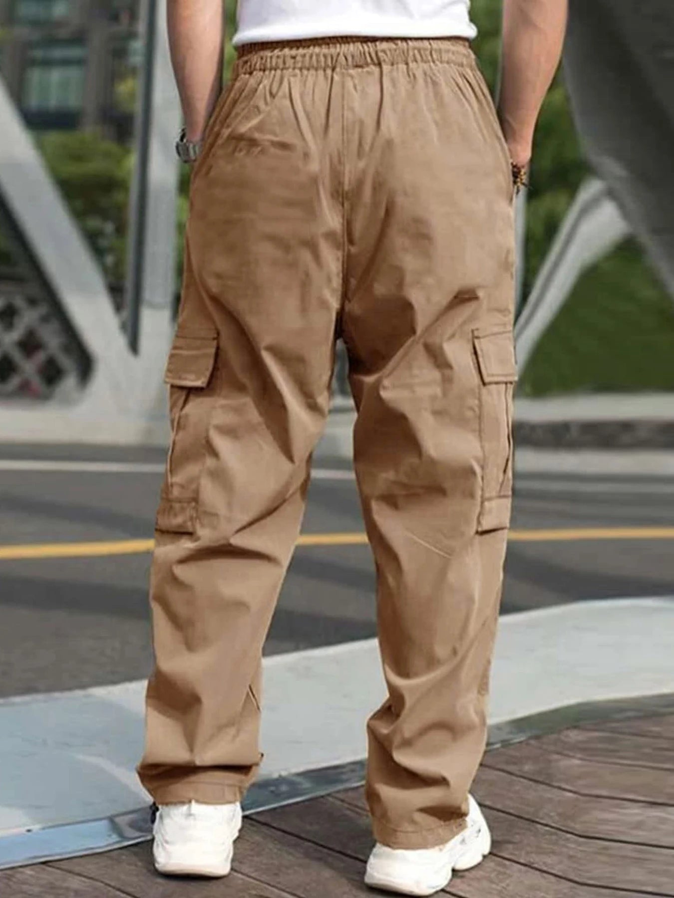 2024 Spring/Summer New Men's Fashion Casual Pants Solid Color Drawstring Multi Pocket Sports Running Straight Work Pants
