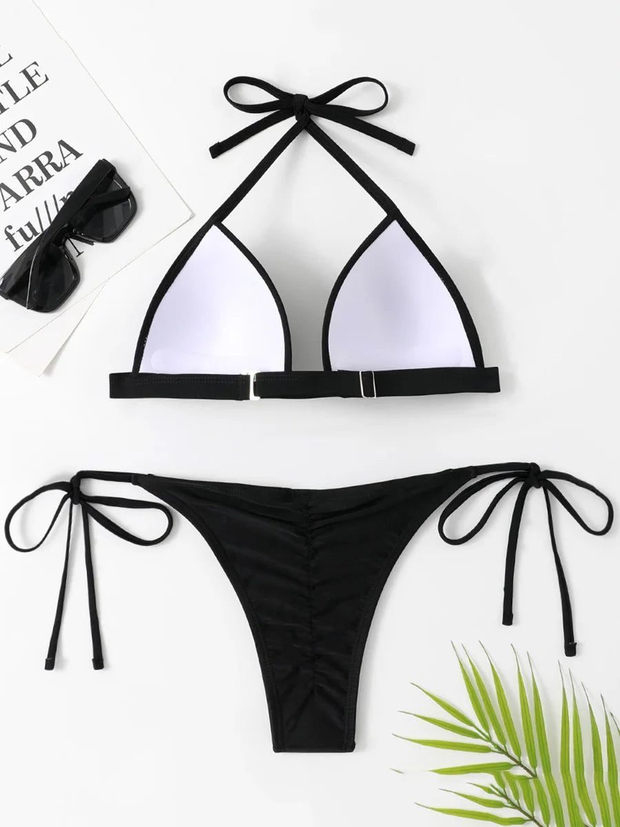 2025 Halter Bra Cup Bikini Sexy Swimsuit Female White Swimwear Women Push up Bikini set Brazilian Bathing Suit Bandeau Swim suit