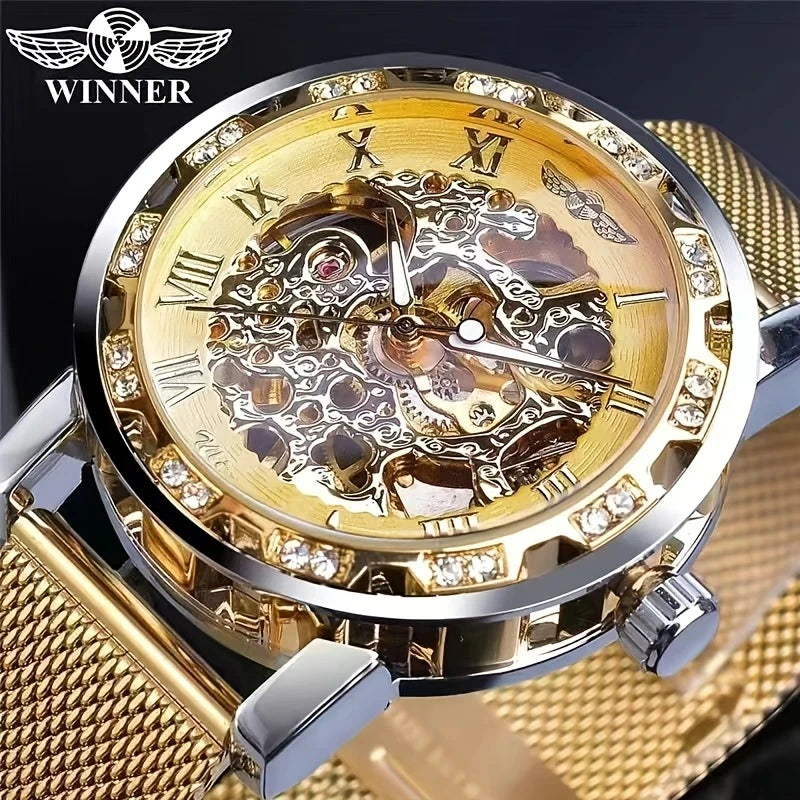 1 Piece of Men's Fashion Manual Mechanical Watch with Diamond Inlay, Hollow Design Mesh Strap Watch, Stylish and Versatile, Handsome Men's Student Wristwatch, High Appearance Value, First Choice for Gift Giving, No Battery Re