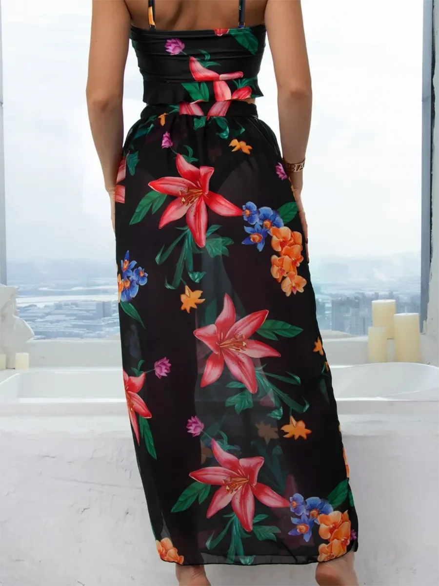 3 Pieces High Waist Swimsuit With Beach Skirt Floral Print Knot Front Bikinis 2025 Women Ruffle Swimwear Female Bathing Suit