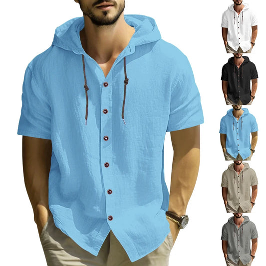 Summer cotton linen men's short sleeved shirt in US size solid color hooded casual T-shirt plus size men's clothing