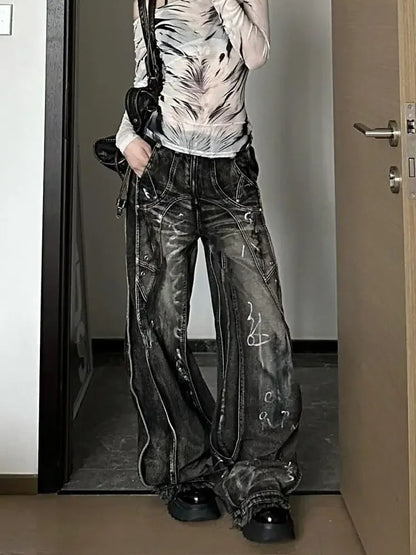American Style Vintage Wide Leg Jeans For Men And Women Heavy Duty Ribbon Embellishment Hip Hop Sensibility Casual Pants