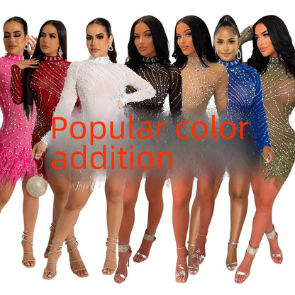 2022 Summer Fashion Sexy Tassel Mesh Embroidered Dress Women Irregular Short Skirt Mid-waist