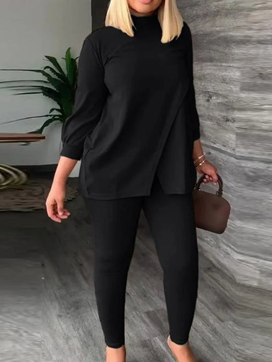 4XL 5XL LW Plus Size Turtleneck Split Pants Set Spring 2pcs Solid Color Loose Casual Slim Pants Female Two Piece Set Outfits