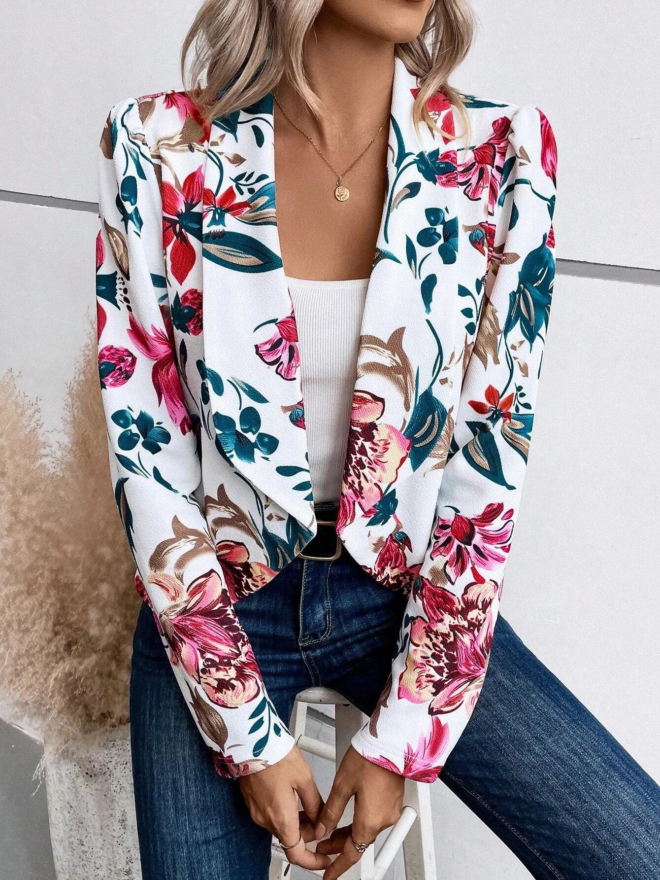 2024 Autumn Women's Fashion Floral Printed Suit Fitted Small Suit Office Ladies Commuting Blazer Women