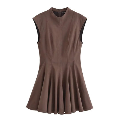 2025 Women Fashion Ruched Short Dress Sleeveless Stand Collar Fold Back Zip Mini Dress Chic Female Evening Party Dresses