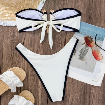 Brown Bandeau Bikinis Sets 2025 Sexy Swimsuit Women Contrast Color Swimwear Metal Buckle High Cut Bathing Suit Bikinis De Mujer