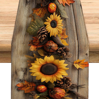 1 Piece of Autumn Pastoral Style Table Runner, Imitation Wood Base with Sunflower, Pine Cone and Autumn Leaf Pattern, Suitable for Harvest Festival Parties, Pastoral B&Bs, Autumn Weddings, Handicraft Markets, Cafe Decorations