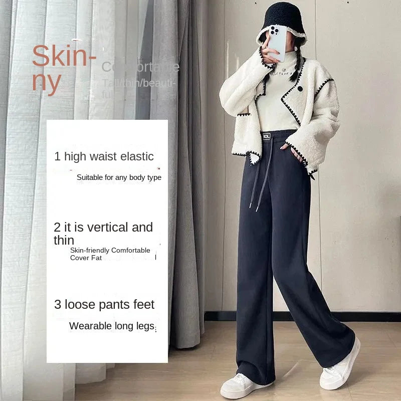 Autumn Winter Pants Women Thickened Lamb Fleece Wide Leg Pant Plus Velvet Women's Fashion Loose Pants Cashmere Casual Trousers