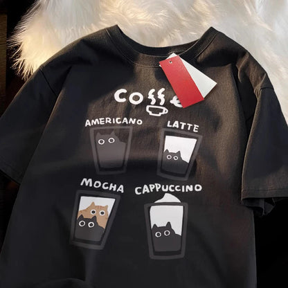 Summer Cream Coffee Cat Print Oversized Loose Short Sleeve Unisex T-shirt Women American Youth  Casual Street Couple Top