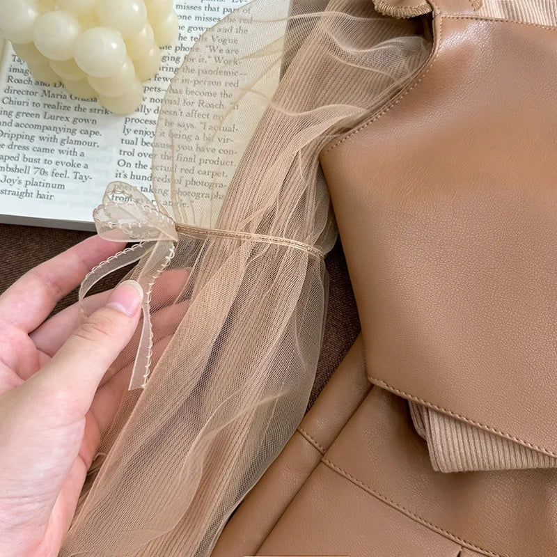 2024New Girls' Autumn Western Style Little Girls' Leather Two-Piece Suit Fashionable Children's Bottoming Shirt Trendy