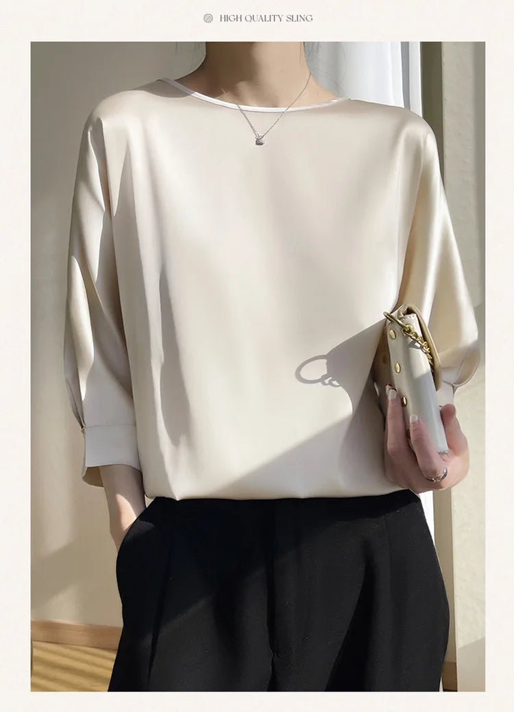 2025 New In Summer Satin Silk Half-Sleeve Tee Tops Basic Solid Women‘s T-Shirt Casual O-neck Thin Shirts Ladies Loose Blouses