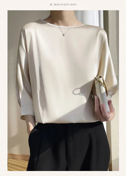 2025 New In Summer Satin Silk Half-Sleeve Tee Tops Basic Solid Women‘s T-Shirt Casual O-neck Thin Shirts Ladies Loose Blouses