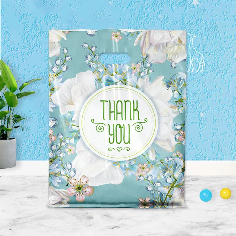 Thank You Flower Gift Bags For Small Business Plastic Shopping Bag Wedding Birthday Present Package Storage With Handle 10PCS