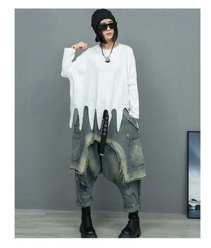 (No Belt)Women Streetwear Pants Set Plus Size White Tassels Tees +2 In 1 Cross Pants Novelty High Street Matching Wear Suit