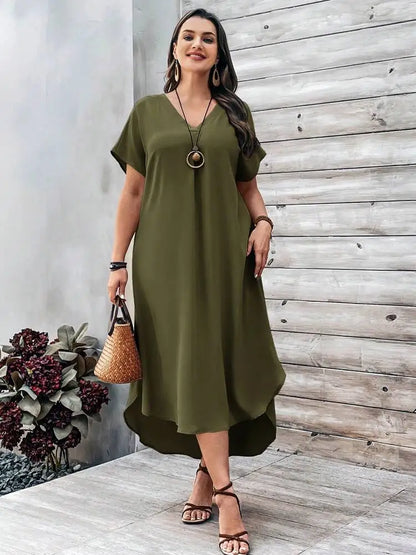 2024 Spring and Summer Cross border European and American New Large Women's Fashion Casual V-neck Dress for Women Plus Size