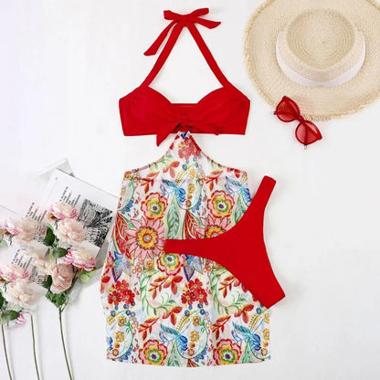3Pcs/Set Women Swimwear Halter With Skirt Push Up Swim Pool Matching Sexy High Waist Thong Bikinis Set Water Sports Accessory