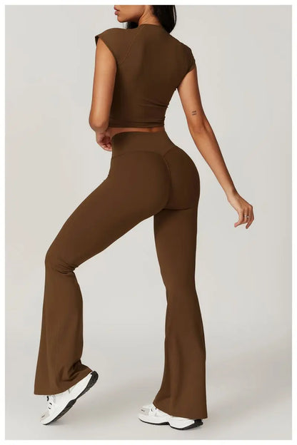 Two Piece Short Sleeve Sport Yoga Set Outfit Fitness Gym Set Workout Clothes for Women Flare Leggings Sportwear Women Tracksuit