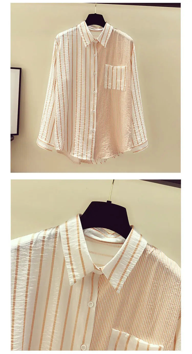 2025 Korean Summer Thin Trendy Striped Women's Shirt & Blouses Patchwork Pocket Loose Casual Office Lady Shirt Sweet Women's Top