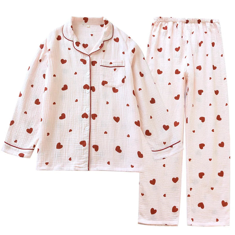 2025 New Spring and Autumn Women's Pajama Set 100% Cotton Crepe Long Sleeve Long Pants Two Piece Set Love Sweet Home Clothes