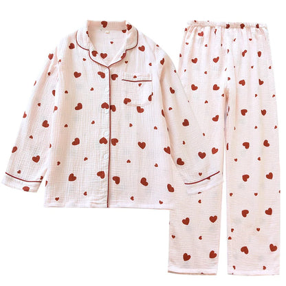 2025 New Spring and Autumn Women's Pajama Set 100% Cotton Crepe Long Sleeve Long Pants Two Piece Set Love Sweet Home Clothes