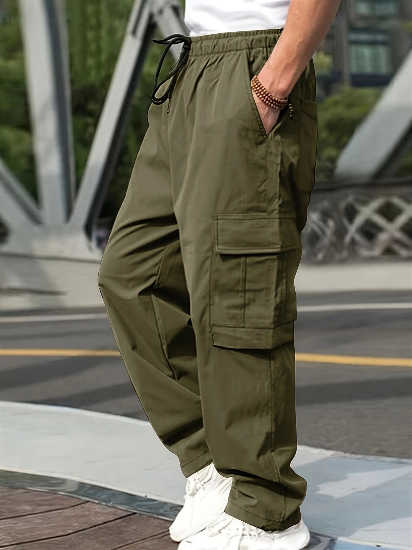 2024 Spring/Summer New Men's Fashion Casual Pants Solid Color Drawstring Multi Pocket Sports Running Straight Work Pants