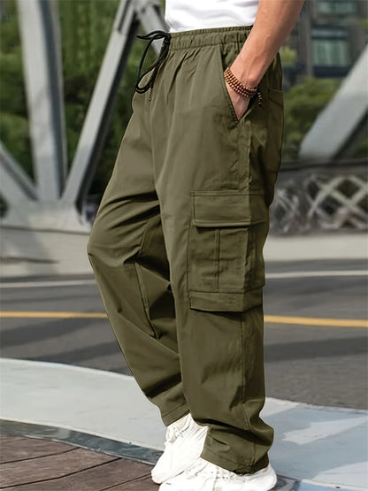 2024 Spring/Summer New Men's Fashion Casual Pants Solid Color Drawstring Multi Pocket Sports Running Straight Work Pants