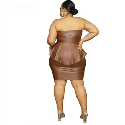 Waterarea Plus Size Elegant Faux Leather Bodycon Midi Skirt Suit  Women Strapless Zipper Fly Ruffles Top Two 2 Piece Set Outfits