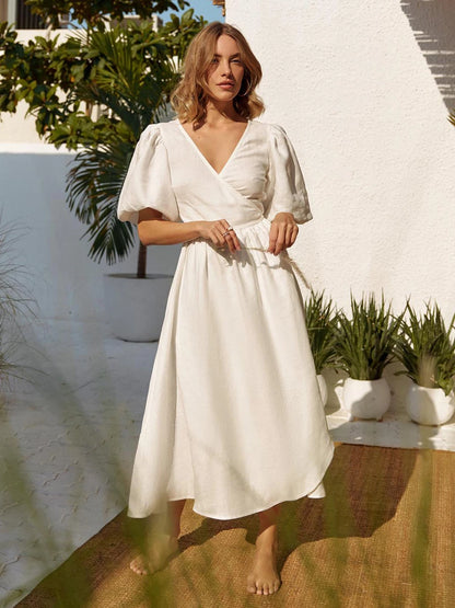 Bornladies 100% Cotton V-neck Waist Cinched Dress Unique Lantern Sleeve Sexy Slit Long Skirt Fashionable Women's Casual Dresses
