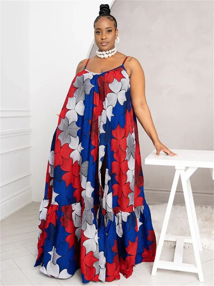Wmstar Plus Size Dresses for Women Floral Printed Slip  Loose Stretch Big Swing Maxi Dress Summer Clothes Wholesale Dropshipping