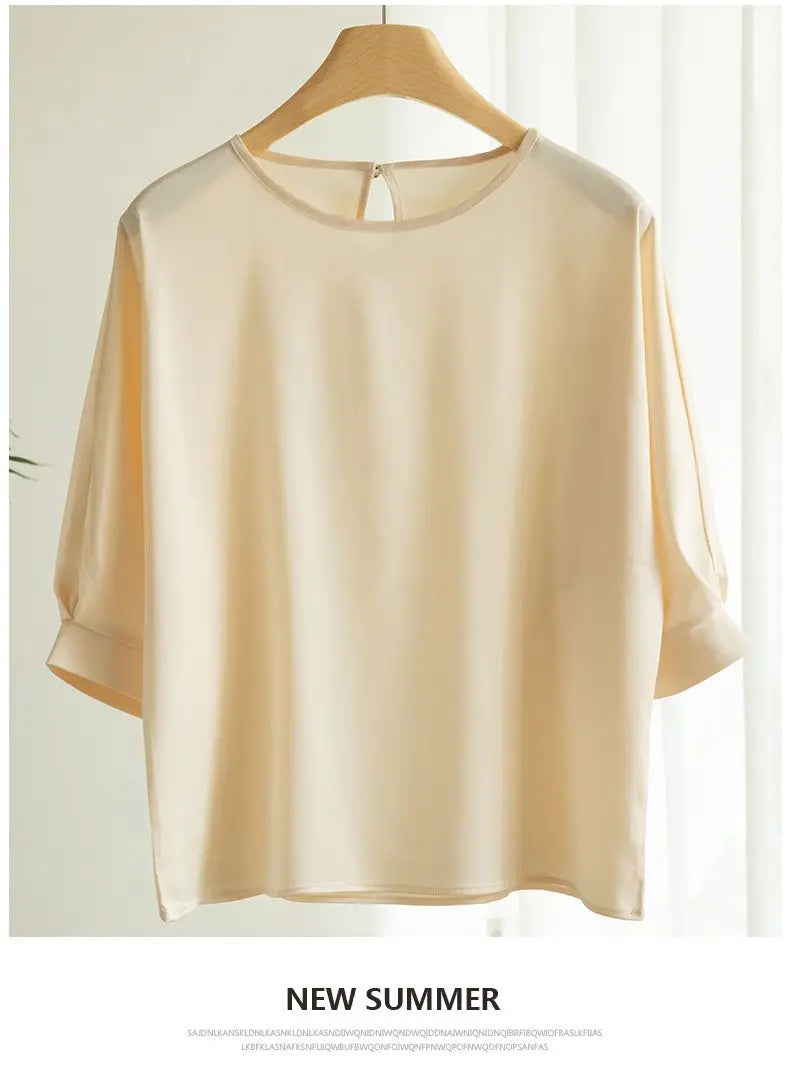 2025 New In Summer Satin Silk Half-Sleeve Tee Tops Basic Solid Women‘s T-Shirt Casual O-neck Thin Shirts Ladies Loose Blouses