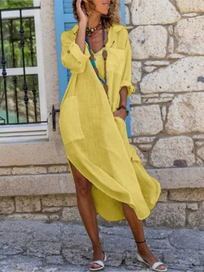 Autumn New Solid Color Cotton Linen Long DressV-neck Button Slit Pockets Loose Breathable Casual Temperament Elegant Shirt Dress