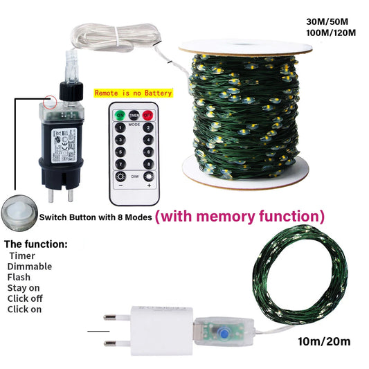 100M/200M LED String Lights Fairy Green Wire Outdoor Tree Lights Garland For Christmas New Year Street Home Party Wedding Decor