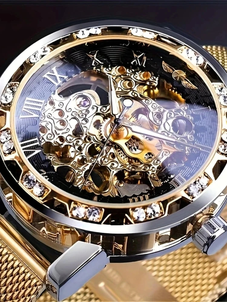 1 Piece of Men's Fashion Manual Mechanical Watch with Diamond Inlay, Hollow Design Mesh Strap Watch, Stylish and Versatile, Handsome Men's Student Wristwatch, High Appearance Value, First Choice for Gift Giving, No Battery Re