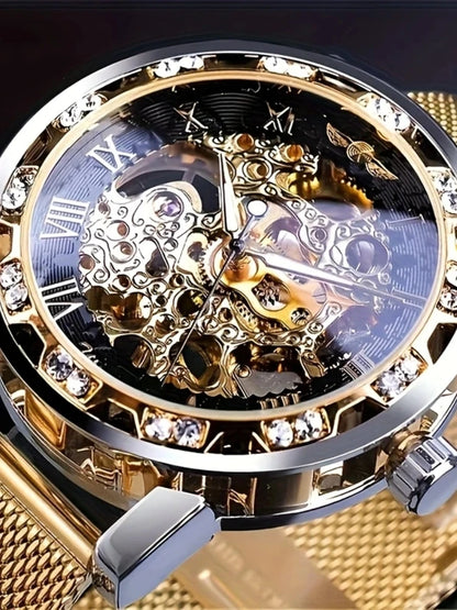 1 Piece of Men's Fashion Manual Mechanical Watch with Diamond Inlay, Hollow Design Mesh Strap Watch, Stylish and Versatile, Handsome Men's Student Wristwatch, High Appearance Value, First Choice for Gift Giving, No Battery Re