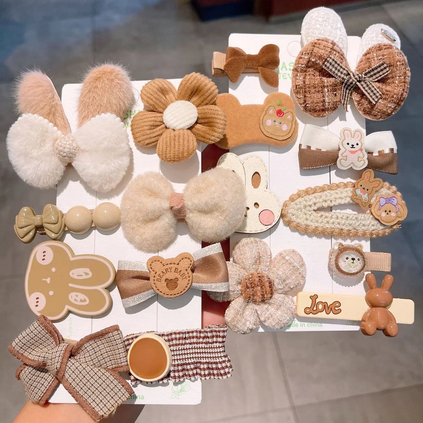 Autumn Winter 8Pcs Kids Hairclip Cartoon Bear Cute Bowknot Baby Princess Hair Accessories Newborn Cream Color Hairclips For Girl