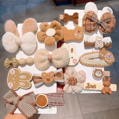 Autumn Winter 8Pcs Kids Hairclip Cartoon Bear Cute Bowknot Baby Princess Hair Accessories Newborn Cream Color Hairclips For Girl