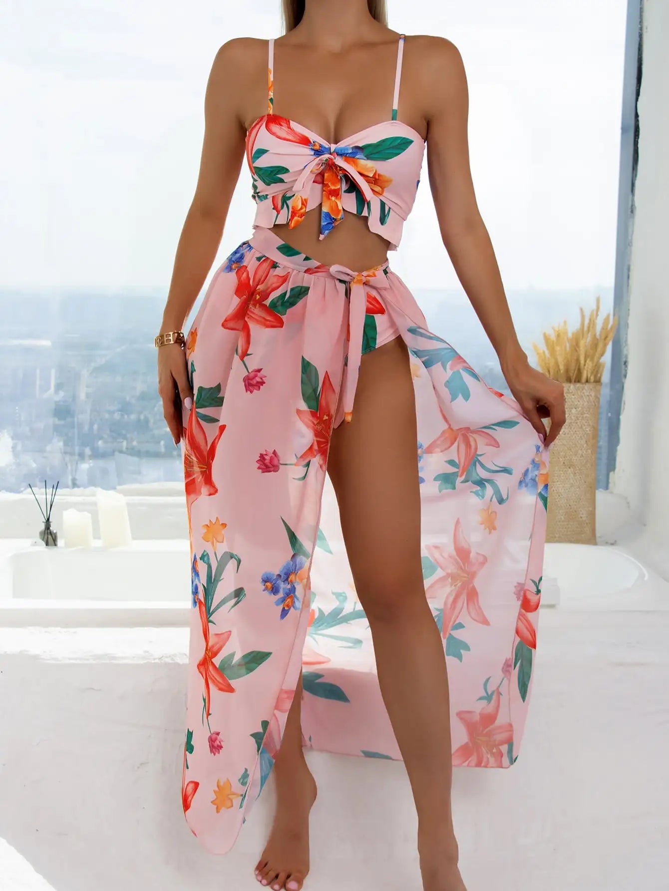 3 Pieces High Waist Swimsuit With Beach Skirt Floral Print Knot Front Bikinis 2025 Women Ruffle Swimwear Female Bathing Suit