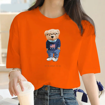 2024 Summer casual cartoon Bear print crew neck Short sleeve T-shirt Women's fashion oversized Y2K splicing loose T-shirt top