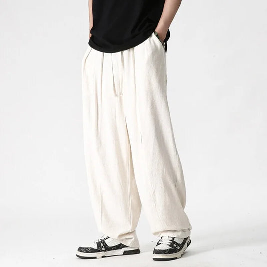 Summer Wide Leg Pants Men's Cotton Linen Harun Loose Pants Men Casual Elastic Waist Circumference Lantern Trousers Plus Size 5XL