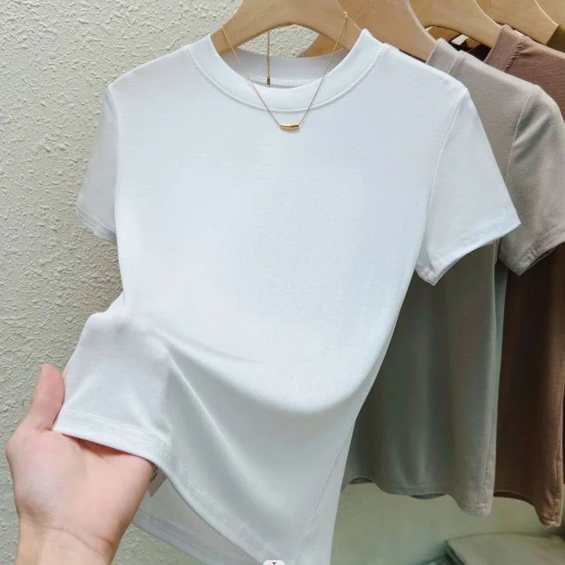 Women's Elastic Crew Neck T-Shirt Solid Ribbed Tops Pink Short Sleeve Tight Bottom Basic Shirt Casual Sexy Slim Summer Tops Tee